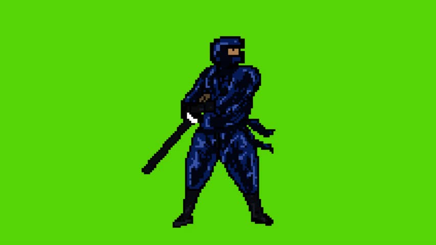 Animation of an old 16-bit game with a ninja standing on a green background, pixel art, 2D.