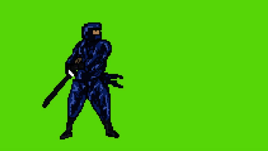 Animation of an old 16-bit game with a ninja with a sword on a green background, pixel art, 2D.