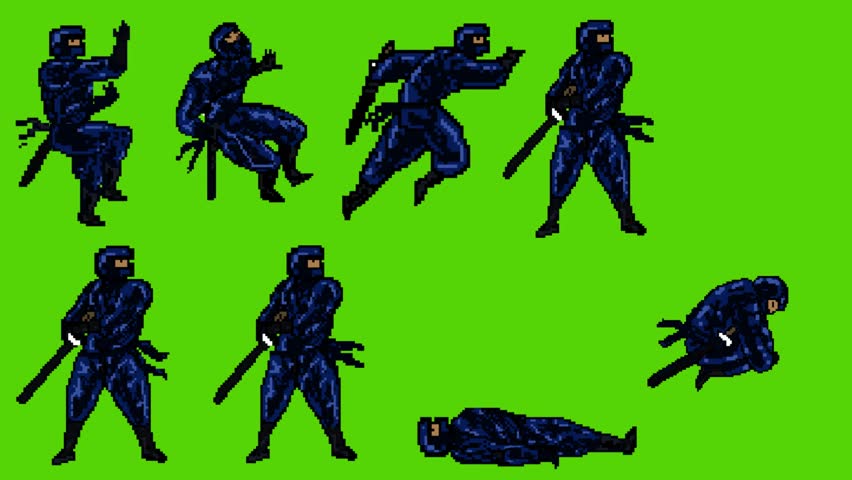 Animation of an old 16-bit game with ninja models in various poses on a green background, pixel art, 2D.