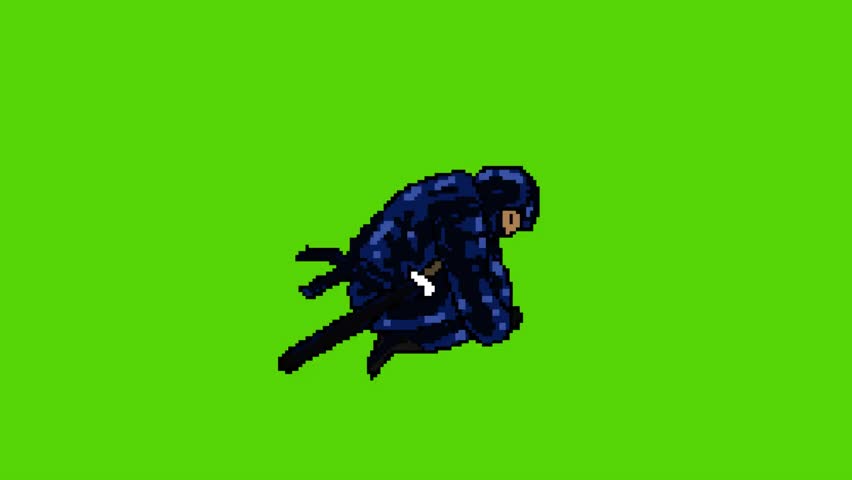 Animation of an old 16-bit game with a ninja jumping on a green background, pixel art, 2D.