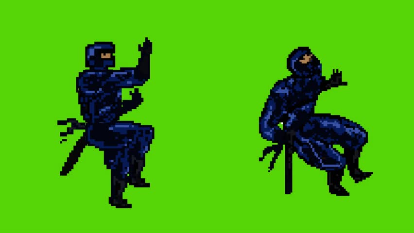 Animation of an old 16-bit game with two ninjas on a green background, pixel art, 2D.