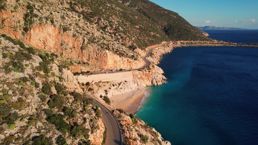 Aerial view beautiful Kaputas beach with road at Mediterranean sea in Turkey.