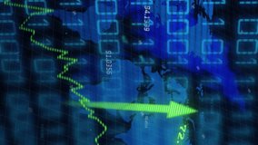 Animation of binary coding and arrow moving upwards against world and data processing. Global networking and business technology concept - Powered by Shutterstock - Get 15% off with code: PIKWIZARD15