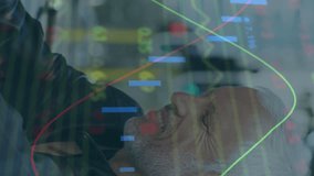 Animation of stock market data processing over caucasian senior man using smartphone on the street. Global economy and business data technology concept - Powered by Shutterstock - Get 15% off with code: PIKWIZARD15