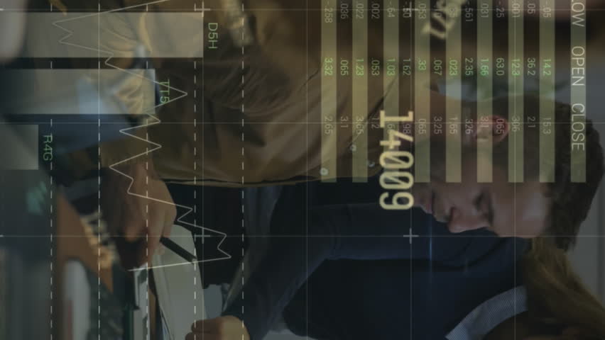 Animation of statistical data processing against diverse man and woman discussing at office. Computer interface and business data technology concept - Powered by Shutterstock - Get 15% off with code: PIKWIZARD15