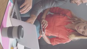 Animation of changing numbers, icons, profile picture, caucasian couple analyzing expenses on laptop. Digital composite, multiple exposure, business, growth, love, togetherness and technology. - Powered by Shutterstock - Get 15% off with code: PIKWIZARD15