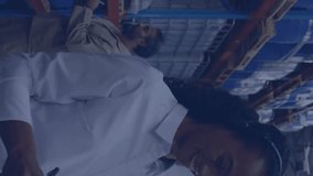 Animation of biometric photos and data over businesswoman working in warehouse. Global shipping, business, connections, computing and data processing concept digitally generated video. - Powered by Shutterstock - Get 15% off with code: PIKWIZARD15