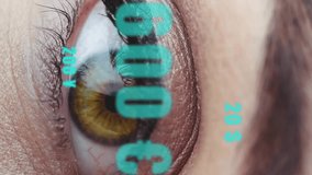 Animation of data processing over close up of woman's eye. Global online identity, business, connections, computing and data processing concept digitally generated video. - Powered by Shutterstock - Get 15% off with code: PIKWIZARD15