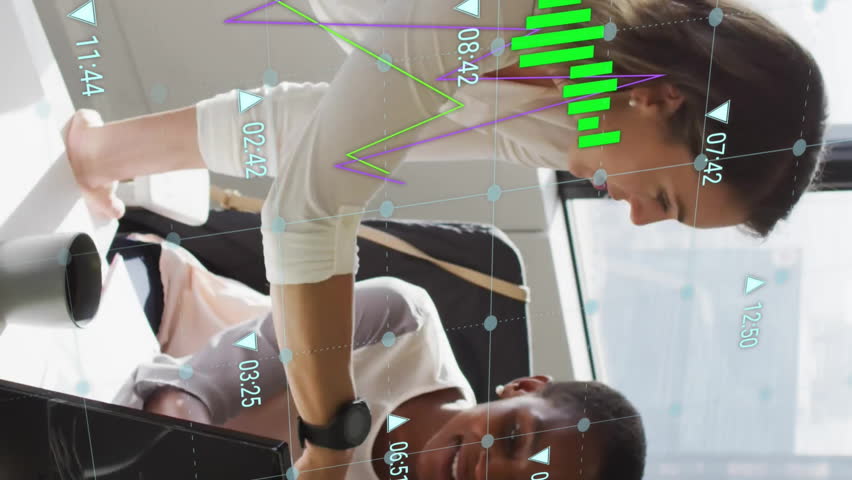 Animation of graph processing data over diverse female colleagues talking at desk in casual office. Business, connection, teamwork, digital interface and communication, digitally generated video. - Powered by Shutterstock - Get 15% off with code: PIKWIZARD15