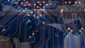 Glowing connections overlaying circuit board pattern on abstract animation background. Technology, digital, network, futuristic, innovation, communication - Powered by Shutterstock - Get 15% off with code: PIKWIZARD15