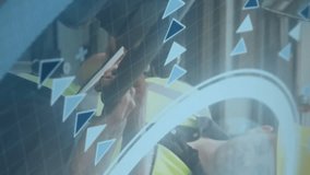 Workers in safety gear operating machinery with digital data overlay animation. Industry, technology, automation, engineering, manufacturing, innovation - Powered by Shutterstock - Get 15% off with code: PIKWIZARD15