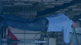 Discussing logistics, warehouse workers with data processing animation overlay in background. supply chain, teamwork, automation, data analysis, operations, management - Powered by Shutterstock - Get 15% off with code: PIKWIZARD15