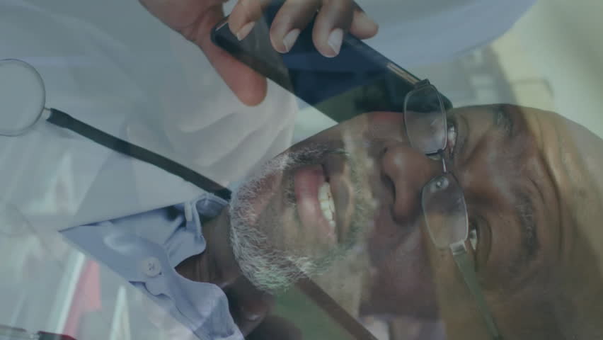 Doctor on phone with financial graph animation overlay in office setting. Healthcare, finance, analysis, technology, communication, professional