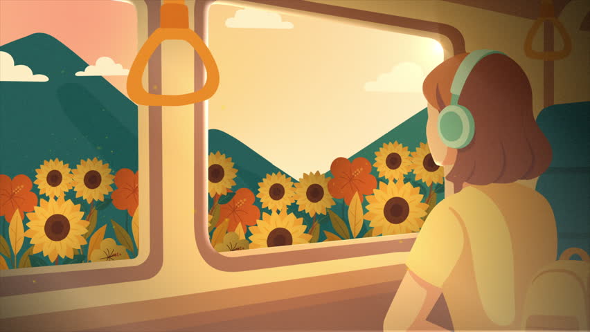 Teenage girl sitting on train during sunset. Soft pastel colors, faceless character, light rays, and peaceful summer atmosphere. Cinematic loop animation with parallax and light grain. Summer Vibes
