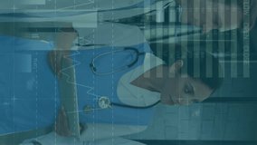 Animation of graphs and data over smiling diverse female and male doctors. medicine, health, economy and technology concept. ,. - Powered by Shutterstock - Get 15% off with code: PIKWIZARD15