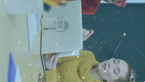 Animation of data processing over diverse colleagues having meeting in office. Global business, finances, communication and digital interface concept digitally generated video. - Powered by Shutterstock - Get 15% off with code: PIKWIZARD15