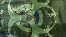 Animation of covid 19 cells floating over biohazard symbol and empty bar. global covid 19 pandemic and lockdown concept digitally generated video. - Powered by Shutterstock - Get 15% off with code: PIKWIZARD15