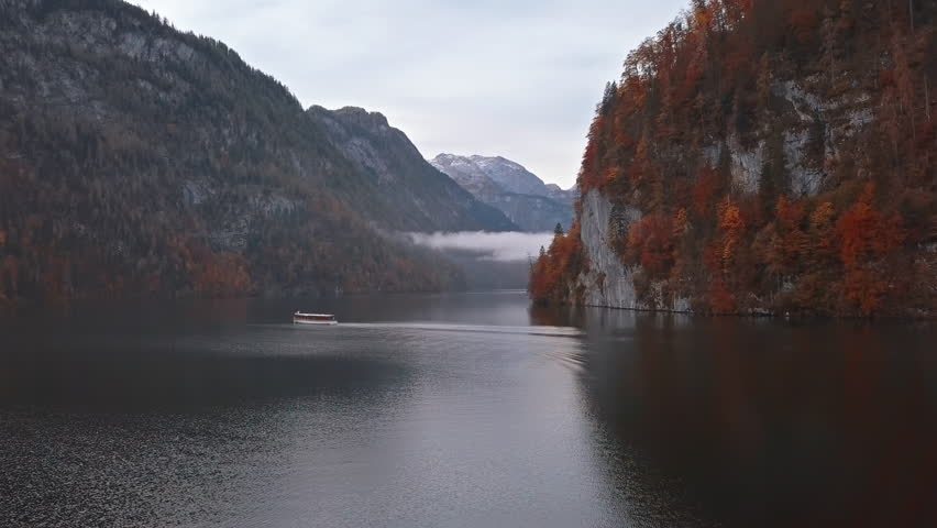 Aerial view of Konigsee lake at autumn with morning fog. In the Berchtesgaden, Bavaria, Germany.