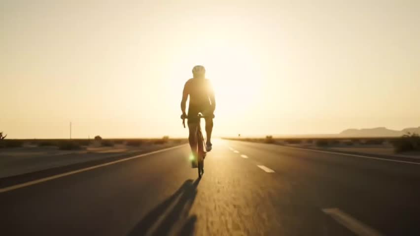 A cyclist rides a road bike on a desert road at sunset, silhouetted against the sun. The image captures the beauty of cycling and sport.