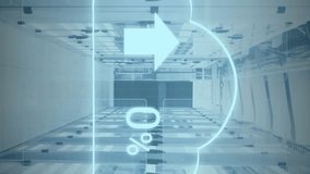 Animation of cloud data upload icon, round scanner and data processing against computer server room. Global business and cloud data storage technology concept - Powered by Shutterstock - Get 15% off with code: PIKWIZARD15