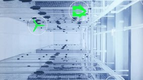 Animation of green ecology and energy icons over flashing lights on computer servers. Connection, data, network, digital interface and communication, digitally generated video. - Powered by Shutterstock - Get 15% off with code: PIKWIZARD15