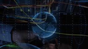 Working on server, technician with digital globe and animation data visualization. Technology, cybersecurity, data analysis, networking, innovation, cloud computing - Powered by Shutterstock - Get 15% off with code: PIKWIZARD15