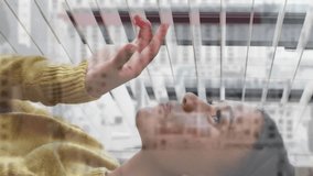 Looking through blinds, woman with cityscape animation overlay on window. Business, technology, innovation, urban, futuristic, digital - Powered by Shutterstock - Get 15% off with code: PIKWIZARD15
