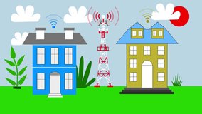 Houses with Wi-Fi and Communication Tower Network, Wireless Signal Transmission Animation from Network Tower, 5G Internet Connection - Powered by Shutterstock - Get 15% off with code: PIKWIZARD15