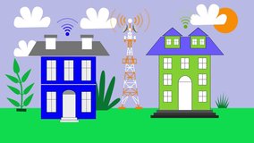 Houses with Wi-Fi and Communication Tower Network, Wireless Signal Transmission Animation from Network Tower, 5G Internet Connection - Powered by Shutterstock - Get 15% off with code: PIKWIZARD15
