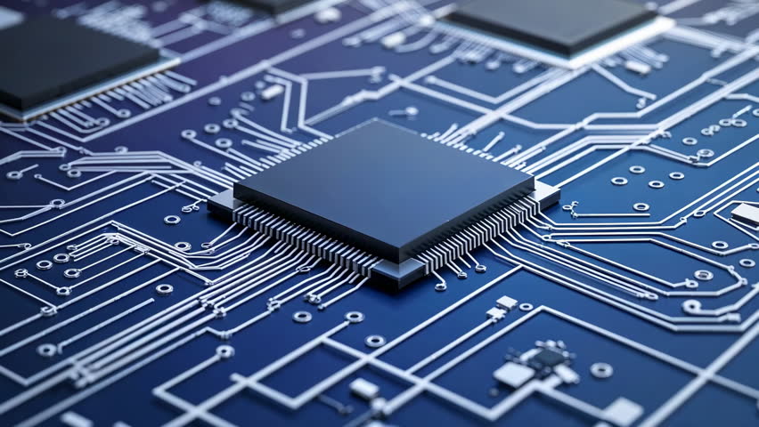 Panning camera overhead shifting right on blue PCB, revealing processor chip, traces and pads. Technology, circuitry, innovation, electronics, microelectronics, engineering, AI-generated