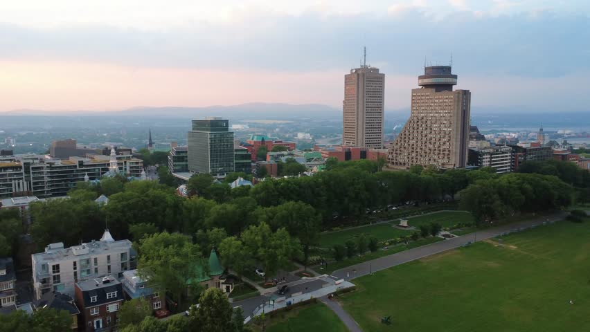 Panoramic aerial view of the cityscape of skyscrapers and buildings in the Saint-Jean-Baptiste district, near the Plains of Abraham Park, Quebec, Canada, 2025.