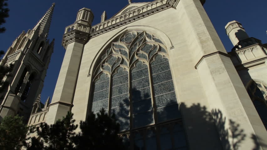 Looking up at a landmark cathedral in downtown Denver, Colorado. HD 1080p smooth