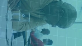 Animation of financial data processing over diverse colleagues discussing work in office. Business, finances, office, communication, teamwork and digital interface concept digitally generated video. - Powered by Shutterstock - Get 15% off with code: PIKWIZARD15