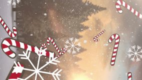 Animation of tower of three penguins with christmas gift, snow and candy canes over winter landscape. Christmas, winter, tradition and seasonal celebration concept digitally generated video. - Powered by Shutterstock - Get 15% off with code: PIKWIZARD15