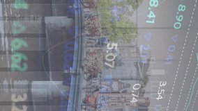 Animation of graph and financial data processing over pedestrians walking over bridge in city. Business, global communication, travel and digital interface concept digitally generated video. - Powered by Shutterstock - Get 15% off with code: PIKWIZARD15