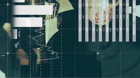 Animation of infographic interface with numbers over sparks coming from cutting blade in scrap yard. Digital composite, multiple exposure, report, finance, business and recycling concept. - Powered by Shutterstock - Get 15% off with code: PIKWIZARD15