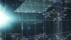 Animation of infographic interface and lens flare over connected dots against grid pattern. Digitally generated, hologram, report, finance, business, illuminated and communication concept. - Powered by Shutterstock - Get 15% off with code: PIKWIZARD15