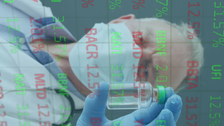 Animation of financial data processing and male doctor in face mask holding vaccine. Covid 19 pandemic, medicine, healthcare, finance, computing and data processing concept digitally generated video. - Powered by Shutterstock - Get 15% off with code: PIKWIZARD15