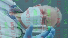 Animation of financial data processing and male doctor in face mask holding vaccine. Covid 19 pandemic, medicine, healthcare, finance, computing and data processing concept digitally generated video. - Powered by Shutterstock - Get 15% off with code: PIKWIZARD15