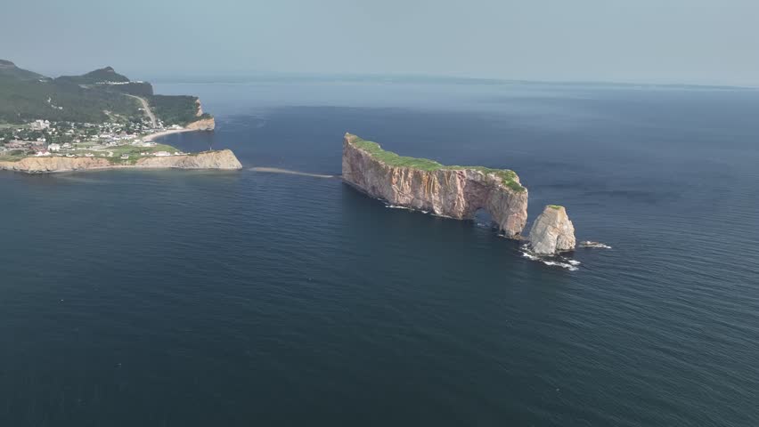 Aerial view of Rocher Perce in Quebec Canada