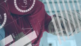 Animation of multiple charts with map and codes over woman in hijab using cellphone. Digital composite, happy, messaging, social media, home, business, report, data processing, technology. - Powered by Shutterstock - Get 15% off with code: PIKWIZARD15