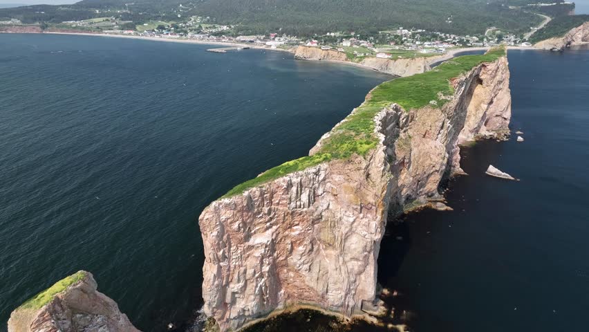 Aerial view of Rocher Perce in Quebec Canada
