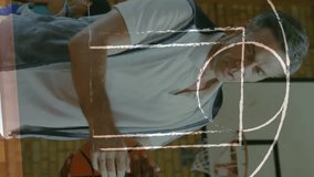 Basketball coach training young players, strategy diagram animation over scene. Sports, coaching, teamwork, youth, planning, motivation - Powered by Shutterstock - Get 15% off with code: PIKWIZARD15