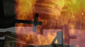 Walking in background, people with silhouettes of crosses over fiery sky animation. sunset, spiritual, faith, religion, landscape - Powered by Shutterstock - Get 15% off with code: PIKWIZARD15