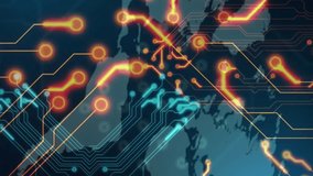 Animation of digital network connections overlaying world map with circuit patterns. Technology, connectivity, global, communication, innovation, data - Powered by Shutterstock - Get 15% off with code: PIKWIZARD15