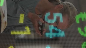 Businesswoman speaking into phone with stock market data animation overlay. finance, technology, analytics, communication, investment, economics - Powered by Shutterstock - Get 15% off with code: PIKWIZARD15