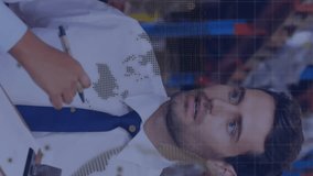 In warehouse, workers discussing logistics with animated world map overlay. teamwork, global, shipping, distribution, collaboration, industrial - Powered by Shutterstock - Get 15% off with code: PIKWIZARD15