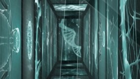 Animation of futuristic digital tunnel with DNA strands in scientific school setting. Technology, science, biology, genetics, innovation, research - Powered by Shutterstock - Get 15% off with code: PIKWIZARD15