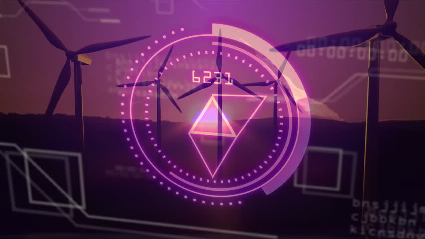 Wind turbines activating purple overlay, polygon rotating, numeric readout cycling, energy tracking. Renewable, sustainability, visualization, technology, innovation, data, energy - Powered by Shutterstock - Get 15% off with code: PIKWIZARD15
