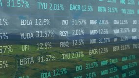 Aerial shot rising above fields, financial tickers scrolling percentages visualizing market trends. Agrarian, digital, futuristic, data, investment, landscape, technology - Powered by Shutterstock - Get 15% off with code: PIKWIZARD15